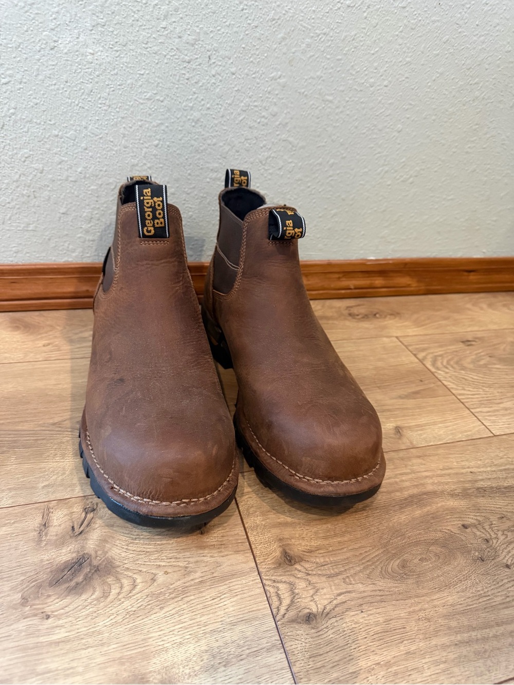 Georgia Boot Brown Leather Chelsea Work Slip-On Boots-STEEL TOE